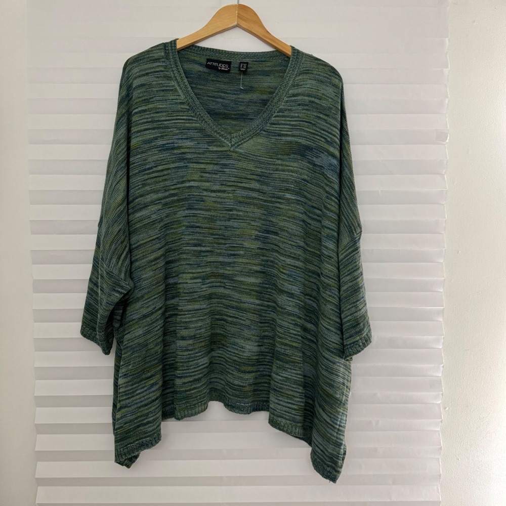 Attitudes by Renee Green Space Dye V-Neck‎ Knit Sweater Plus 2X/3X Oversized